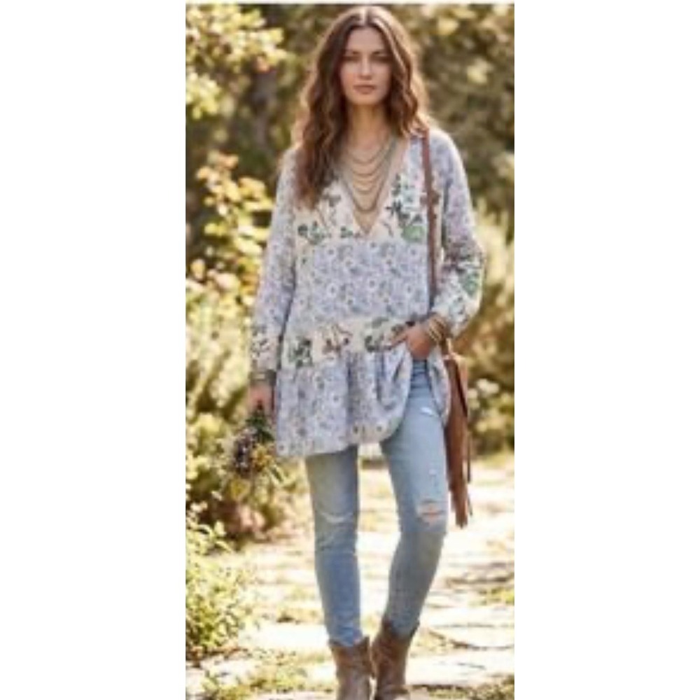 Free People Isabelle Sheer Floral Patchwork Tunic SM boho long sleeve babydoll